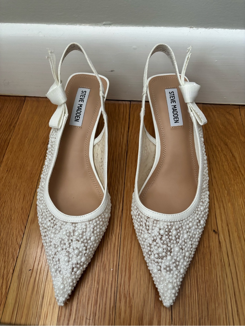 Steve Madden White Pearl-Embellished Pointed Slingback Kitten Heels